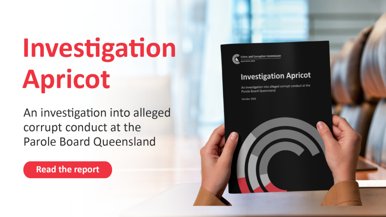 Promotional graphic for “Investigation Apricot,” announcing the release of a report into alleged corrupt conduct at the Parole Board Queensland, with a red “Read the report” button beside an empty boardroom table.