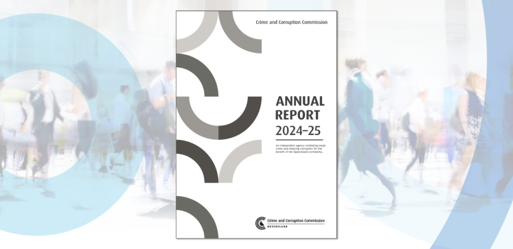 Cover image of the CCC Annual Report 2024–25 in front of an image of people walking in a crowd.