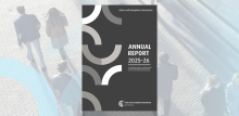 Cover of the Annual Report in front of blurred image of people walking in an office building going about their business. 