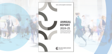 Cover image of the CCC Annual Report 2024–25 in front of an image of people walking in a crowd.